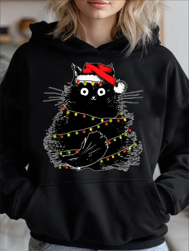 Women's Cozy Hoodie With Cute Black Cat & Christmas Tree Design - Casual Long Sleeve Pullover For Fall Winter