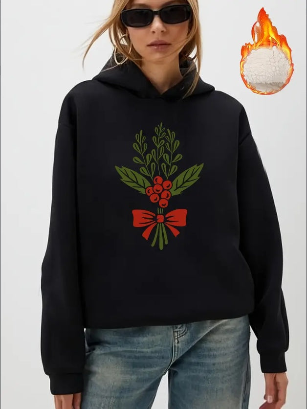 Christmas Floral Hoodie For Women, Casual Sweatshirt With Hood, Fall Winter Warm Fleece Pullover, Festive Animal & Fruit Patterns, Western Style