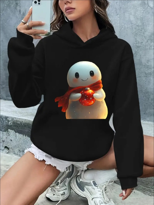 Women'S Casual Polyester Hoodie With Cartoon Animal & Floral Print - Rib-Knit Hooded Sweatshirt With Drawstring - Festive Letter & Graphic Print