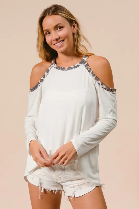 BiBi Jersey Knit Cold Shoulder Top with Leopard Neck