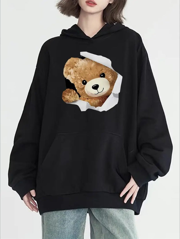 Festive Teddy Bear Graphic Hoodie With Kanga Pocket - Women's Casual Long Sleeve Sweatshirt