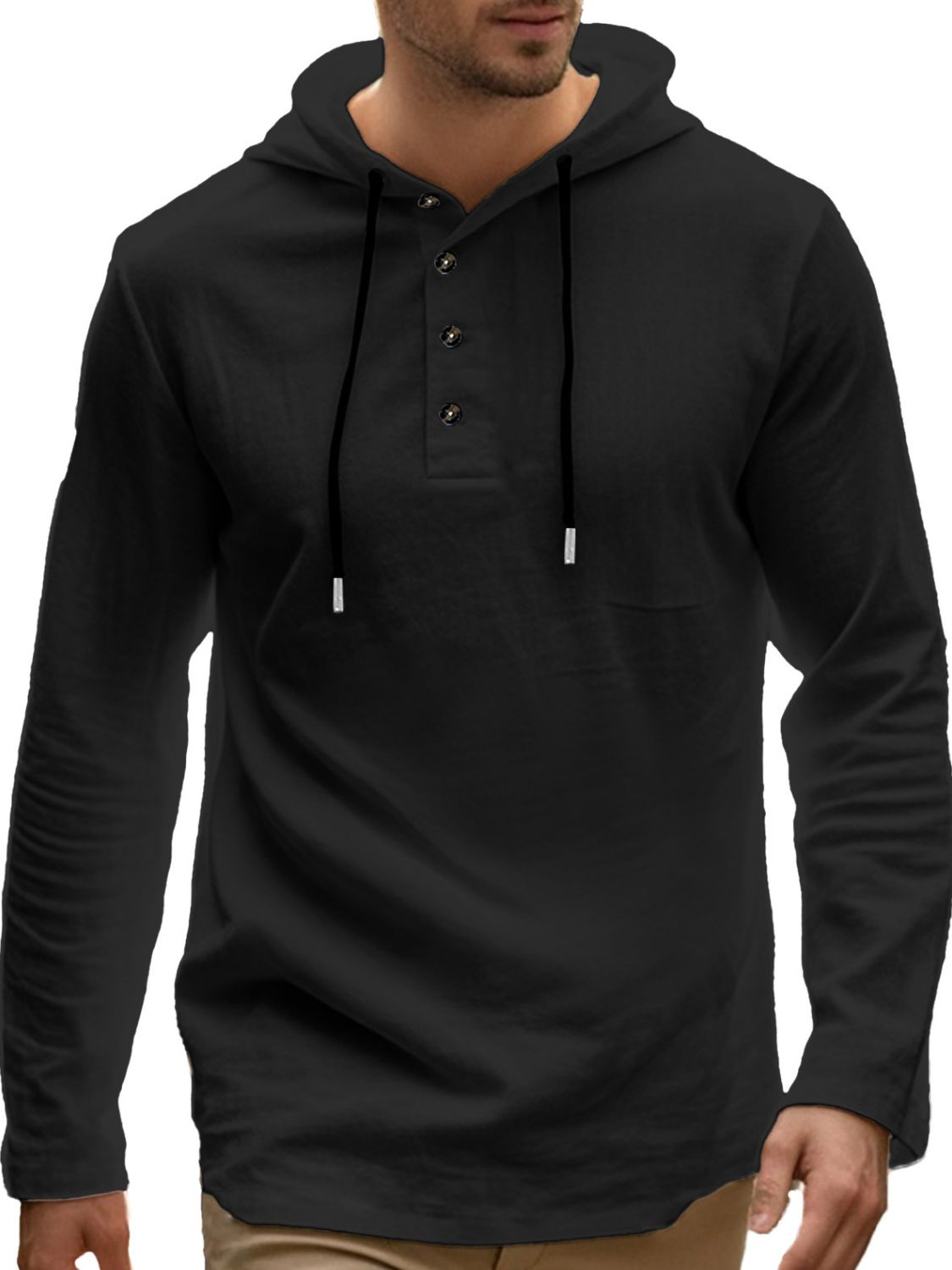 Men's Full Size Drawstring Button Detail Long Sleeve Hoodie Plus Size