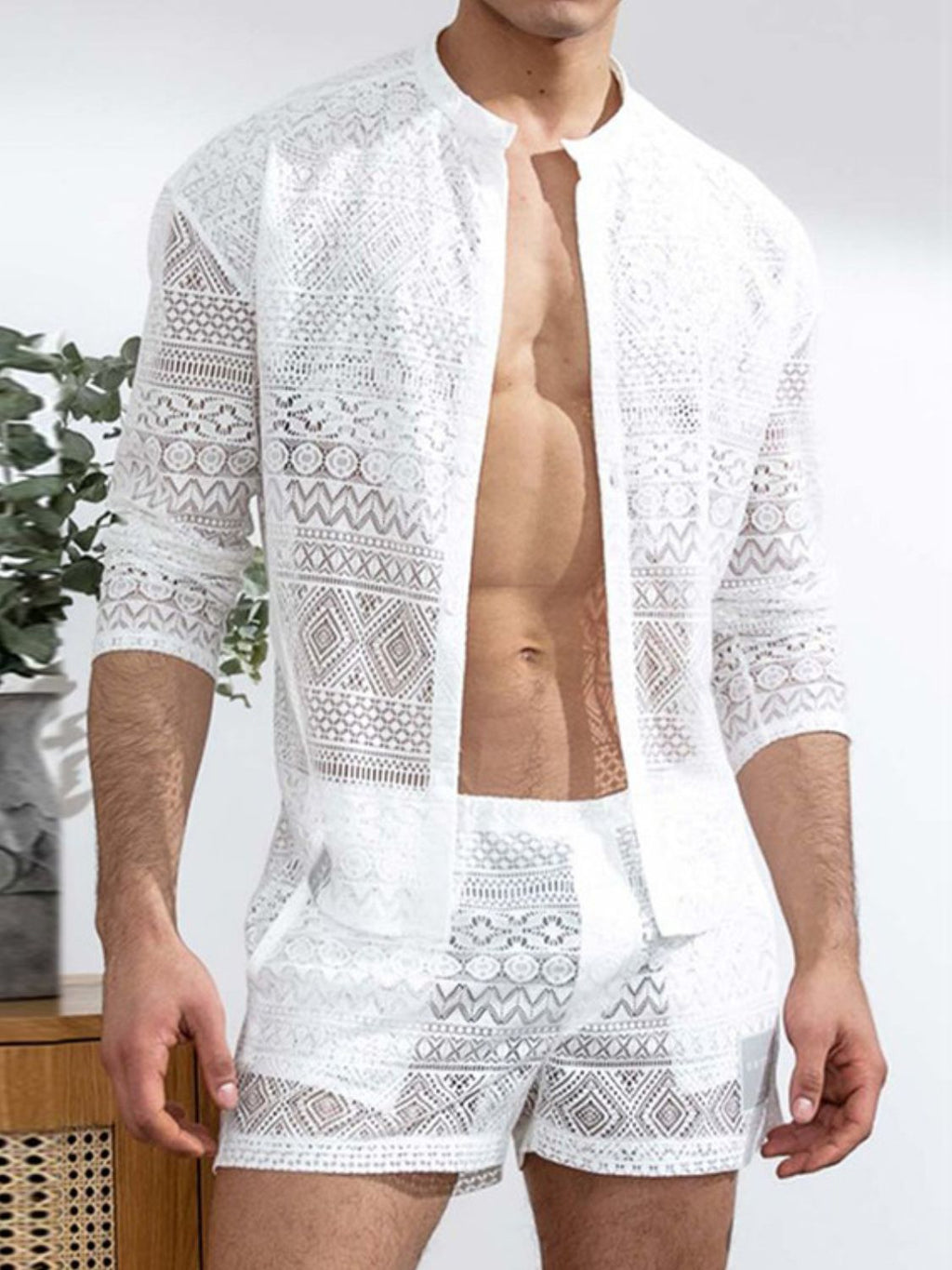 Men's Full Size Lace Button Down Top and Shorts Set Plus Size
