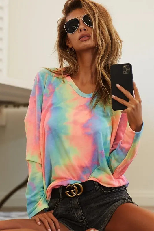 BiBi Tie Dye French Terry  Long Sleeve Knit Top