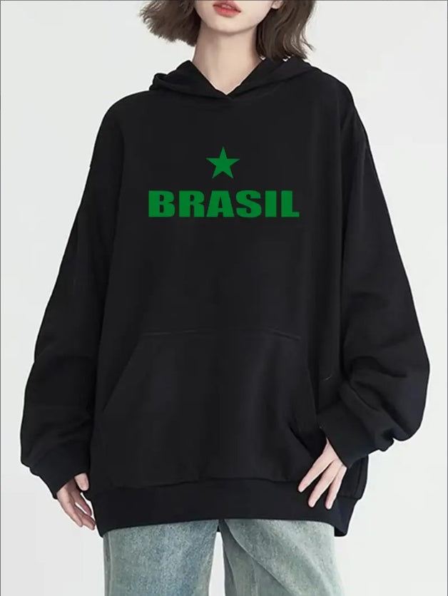 Brazilian Flag Graphic Hoodie With Kangaroo Pocket - Casual Long Sleeve Pullover For Women, Machine Washable