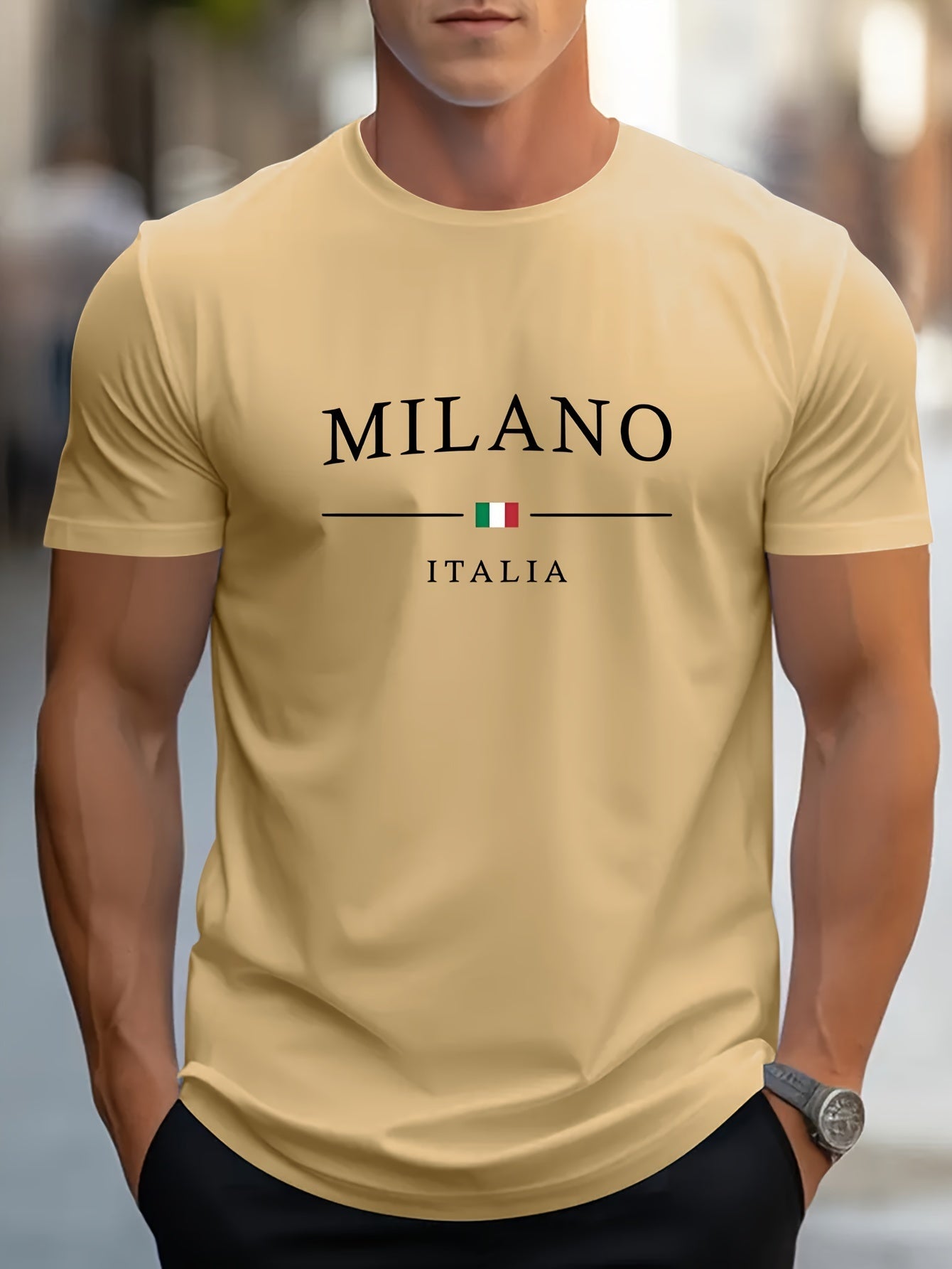 Milano Patterned Printed Men's T-shirt, Comfortable And Elastic Round Neck T-shirt, Perfect For Summer Outdoor Activities, Fashionable Streetwear, Men's Casual Tops