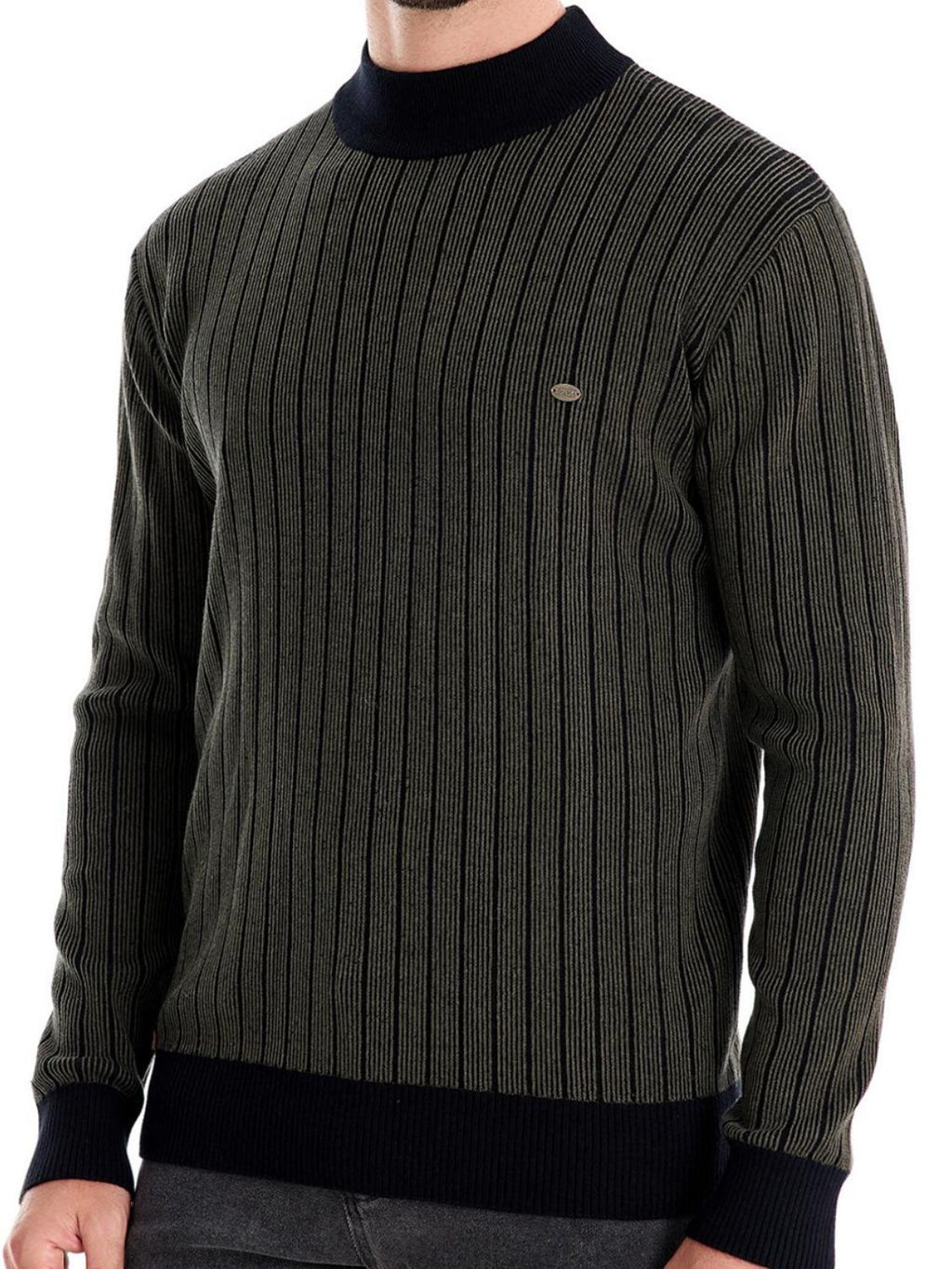 Men's Mock Neck Contrast Striped Sweater