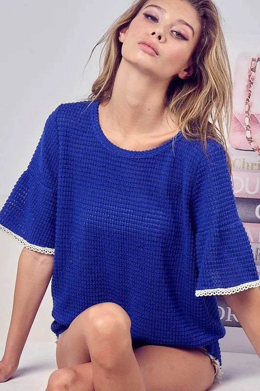 BiBi Popcorn Waffle Knit Top with Pompom Lace