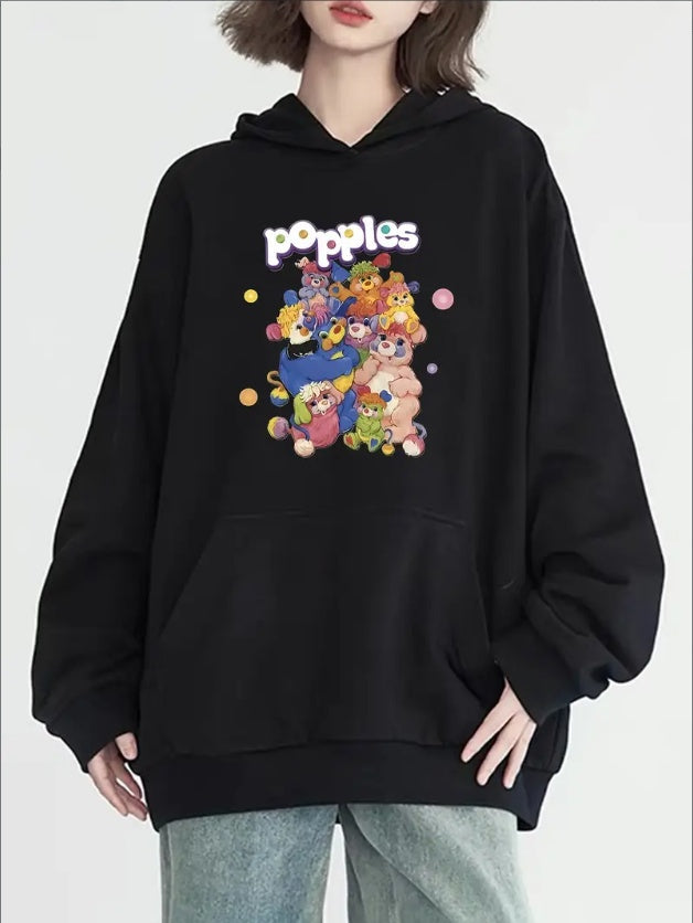 Women's Fashion Cute Cartoon Bear Print Hoodie, Long Sleeve, Round Neck, With Pockets, Casual Pullover Sweatshirt, Versatile For Fall And Winter, All-Season, Hooded, Solid C