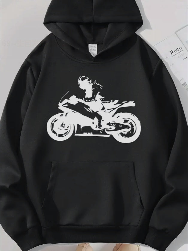 Motorcycle Print Kangaroo Pocket Hoodie, Casual Long Sleeve Drawstring Hoodies Sweatshirt, Women's Clothing