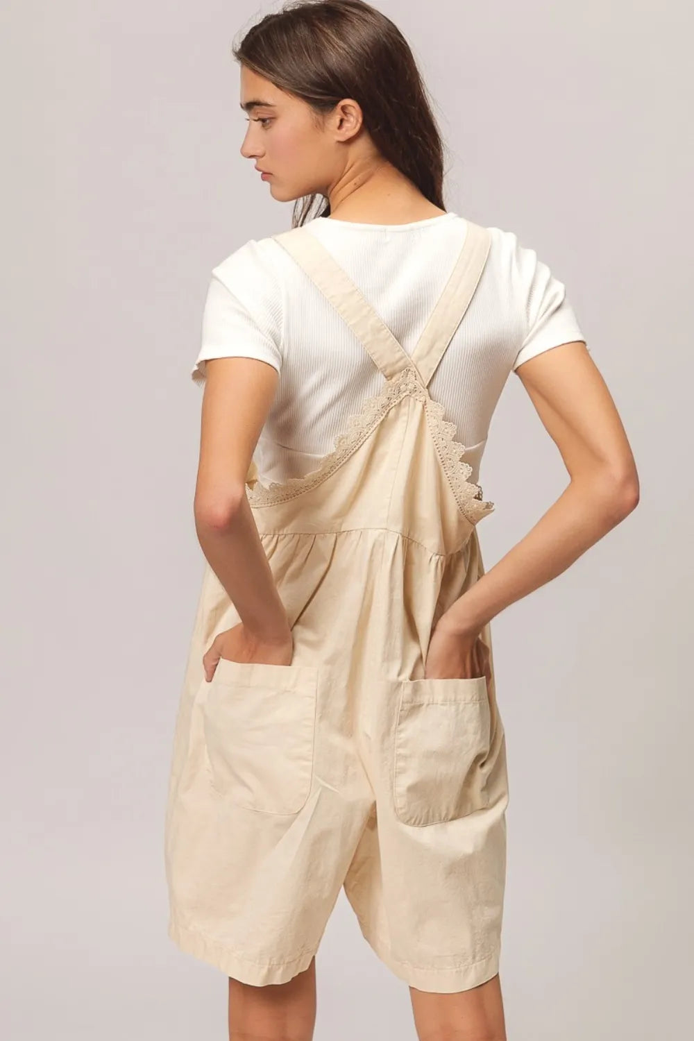 BiBi Back Patch Pocket Lace Trim Rompers