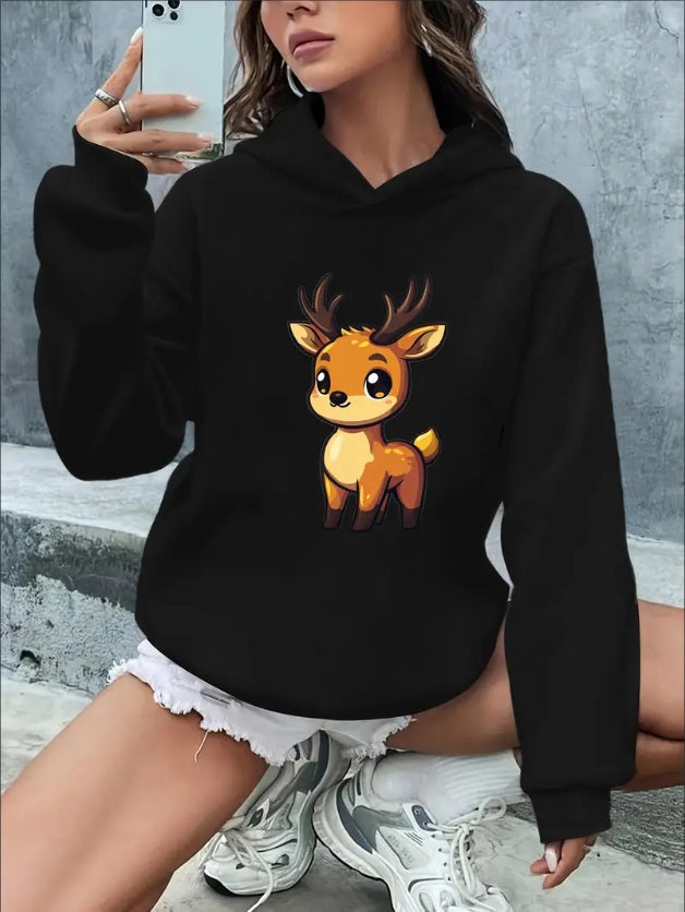 Women'S Casual Polyester Hoodie With Cartoon Deer Print, Rib-Knit Knit Fabric, Drawstring Hood, Alphabet & Slogan Patterns, Cozy & Stylish Clothing