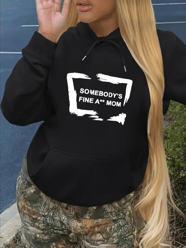 Plus Size Letter Print Drawstring Hoodie, Casual Long Sleeve Kangaroo Pocket Hooded Sweatshirt For Fall & Winter, Women's Plus Size Clothing