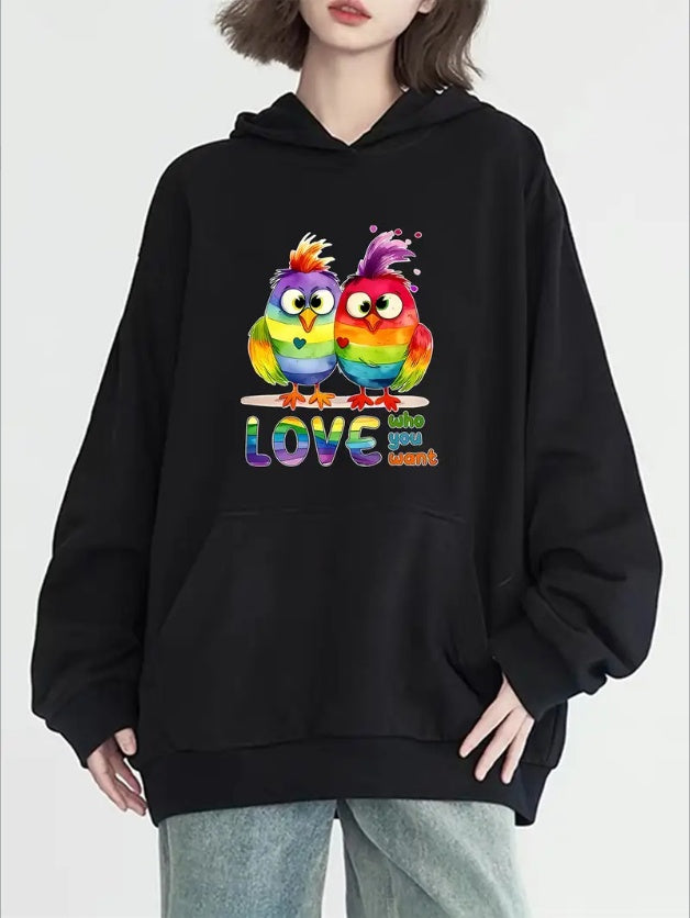 Women's Fashion Colorful Bird Print Hoodie, Long Sleeve, Crew Neck, With Pockets, Casual Pullover Sweatshirt, All-Season Versatile Style,  Pocket Detail