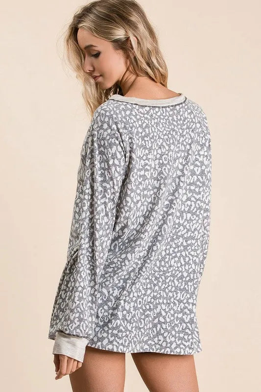 BiBi Leopard Round Neck Long Sleeve T-Shirt