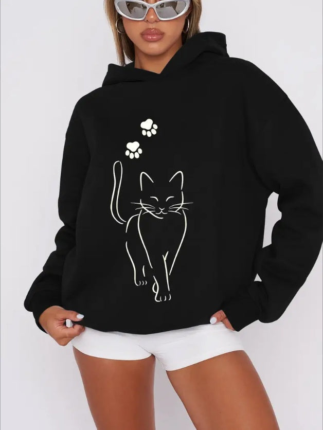 Women's Casual Hoodie With Cat Graphic Print -Knit Fabric Hooded Sweatshirt With Rib-Knit Details - Animal Pattern Long Sleeve Pullover For Fall Winter
