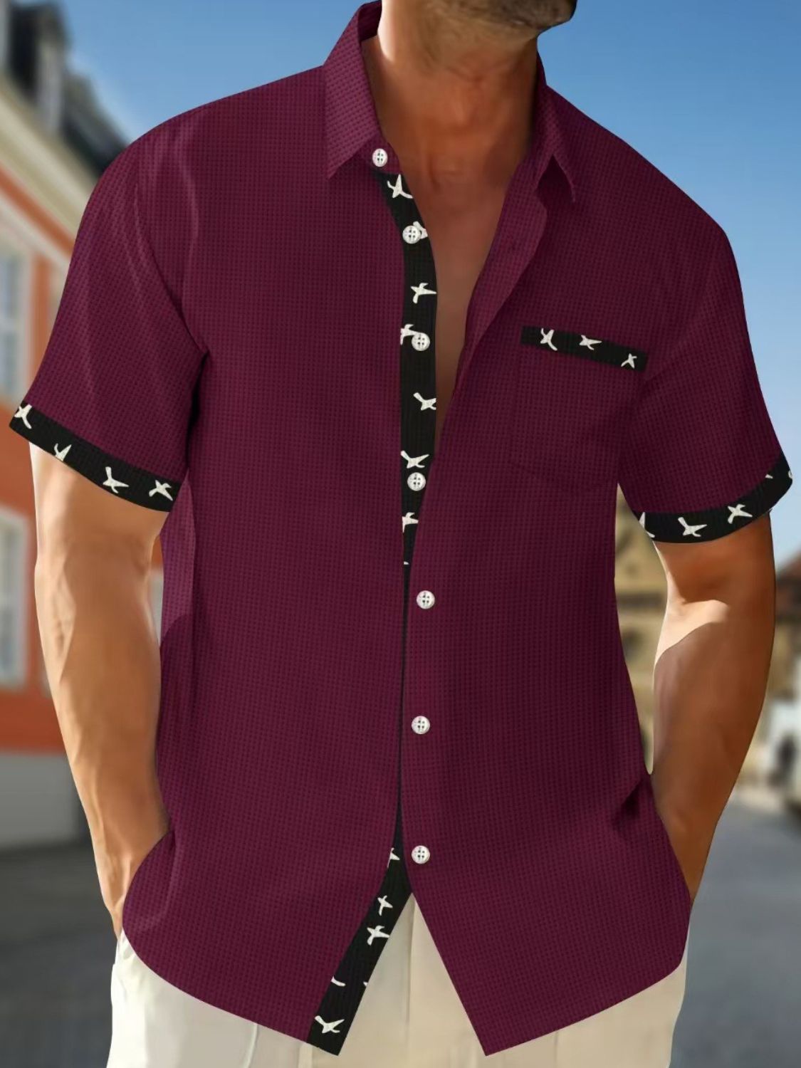 Men's Full Size Contrast Trim Waffle Knit Short Sleeve Shirt Plus Size
