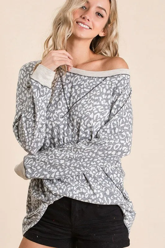 BiBi Leopard Round Neck Long Sleeve T-Shirt
