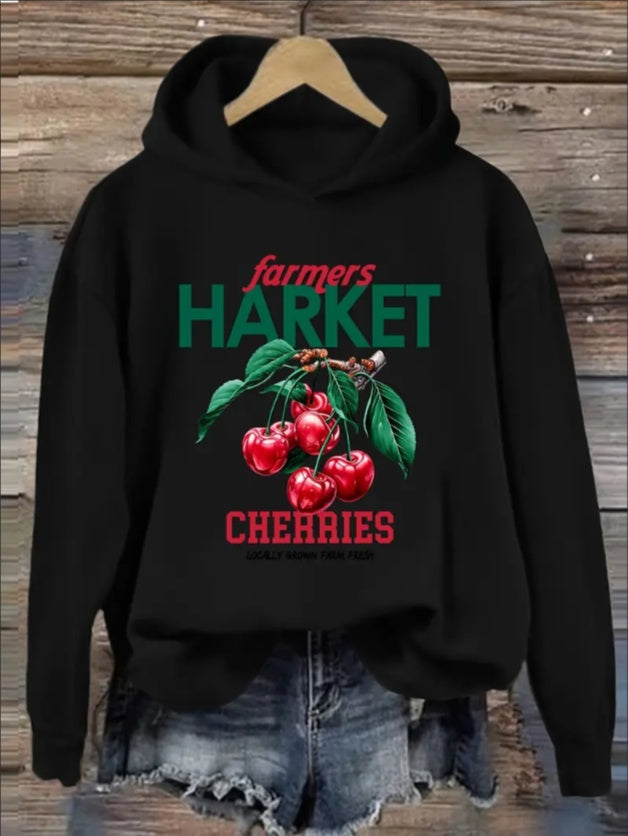 Casual Hooded Sweatshirt With Cherry Graphic Print - Women'S Knitted  Hoodie With Rib-Knit Details, Floral & Slogan Patterns For Fall Winter - Comfortable Casual Sportswear Pullover