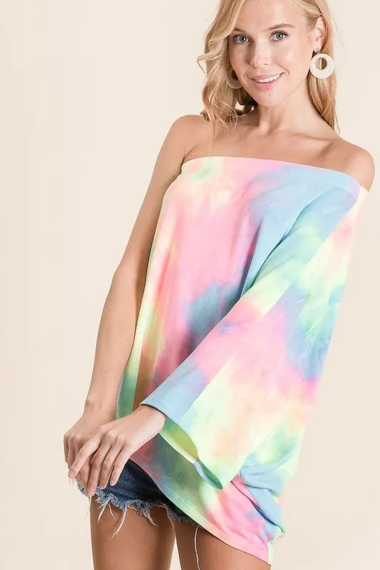 BiBi Tie Dye French Terry One Shoulder Top with Dolman