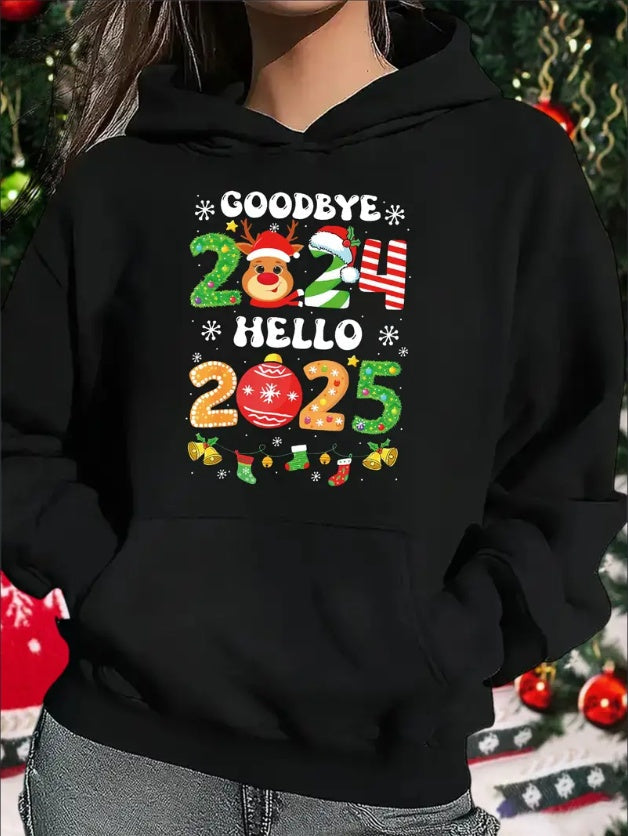 Christmas Deer Edition Goodbye 2024 Hello 2025 Print Kangaroo Pocket Hoodie, Casual Long Sleeve Hooded Sweatshirt, Women's Clothing