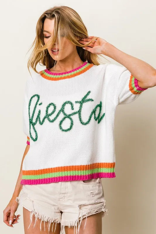 BiBi FIESTA Metallic Letter Short Puff Sleeve Sweater