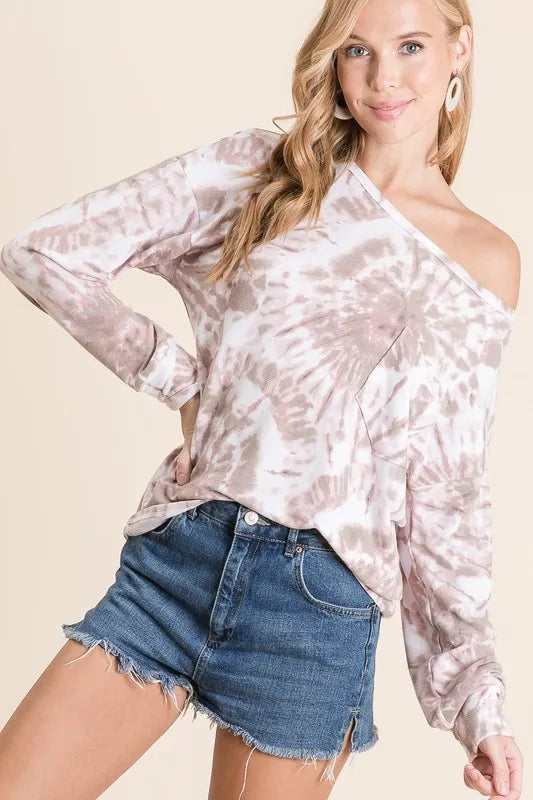 BiBi Tie Dye Print Terry Top with Front Patch Pocket