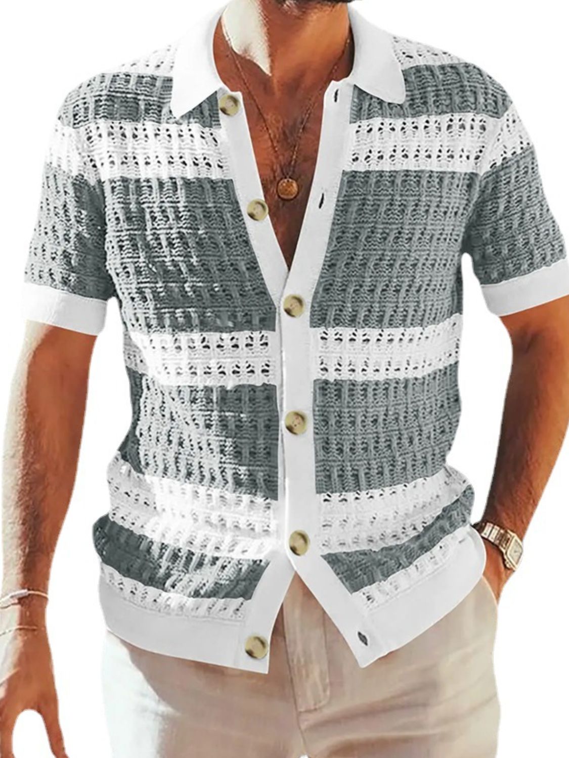 Men's Button Down Collared Neck Contrast Openwork Shirt