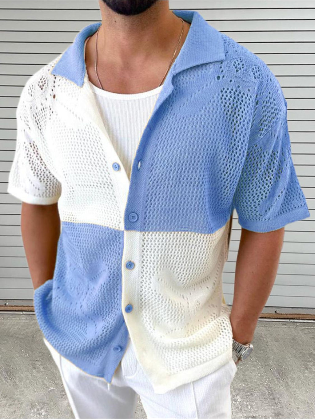 Men's Contrast Button Down Hollow Out Shirt