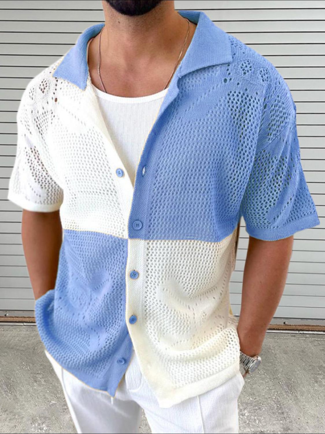 Men's Contrast Button Down Hollow Out Shirt