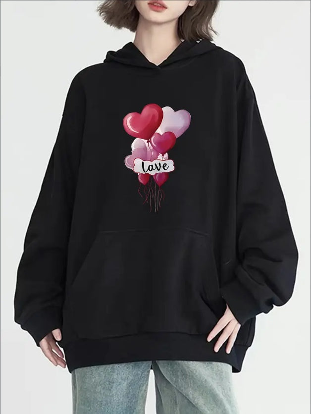 Heart Print Kangaroo Pocket Hoodie, Casual Long Sleeve Pullover Sweatshirt For Fall & Winter, Women's Clothing