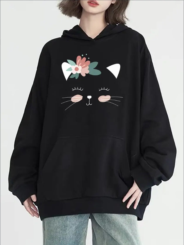 Cozy Cat Print Hoodie - Soft, Casual Long Sleeve Pullover With Spacious Kangaroo Pocket, Machine Washable, And Easy Care