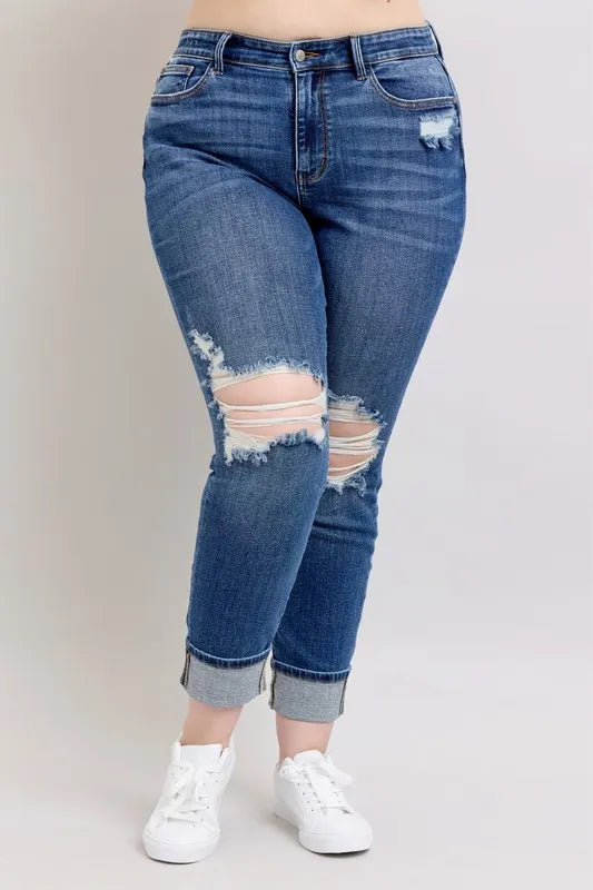 Judy Blue Full Size Mid Rise Boyfriend destroy Jeans with Yoke Pockets and Faux Selvedge Cuff Plus Size