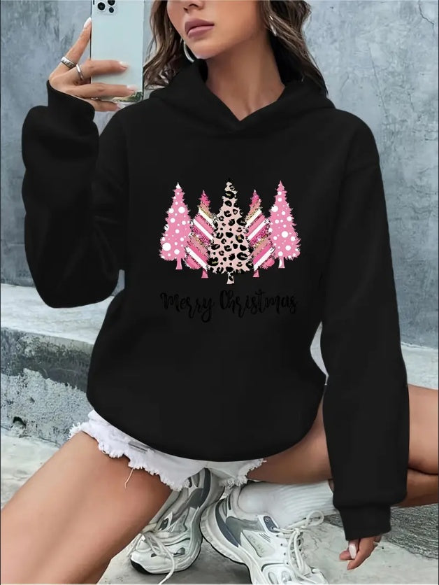 Women'S Casual Rib-Knit Hoodie With Letter & Graphic Print, Christmas Slogan & Animal Pattern, Knit Fabric Hooded Sweatshirt