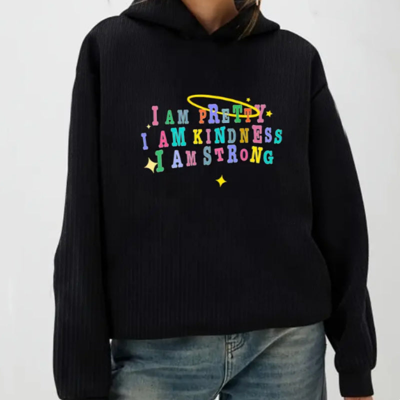 Women'S Fall Winter Fleece-Lined Hoodie, Casual With Elastane, Alphabet & Portrait Patterns, Hooded Collar Sweatshirt