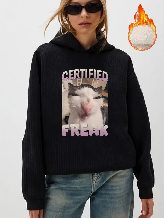 Women'S Casual Hoodie With Elastane, Alphabet & Animal Patterns,Hooded Collar, Fall Winter Season - Cozy Fleece-Lined Sweatshirt