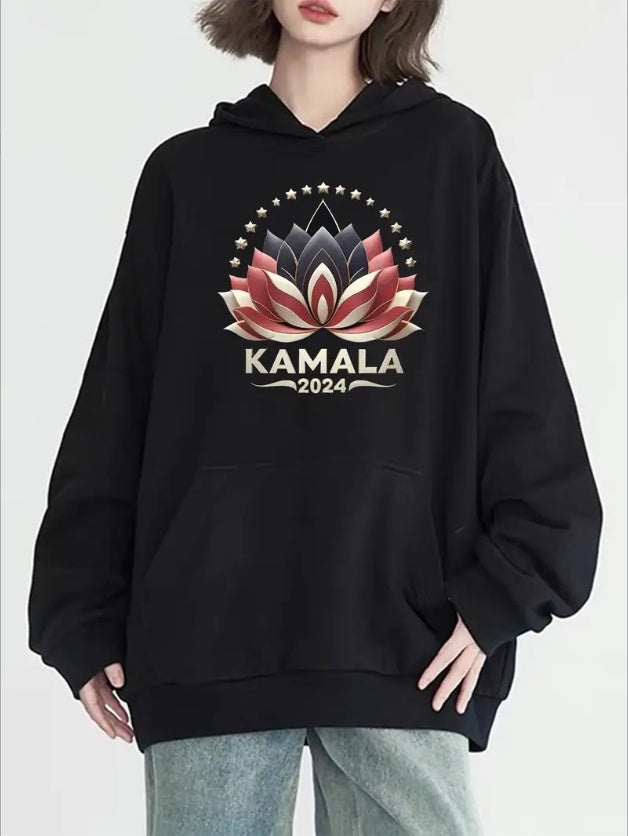 Harris Graphic Kangaroo Pocket Hoodie, Casual Long Sleeve Hooded Sweatshirt For Women