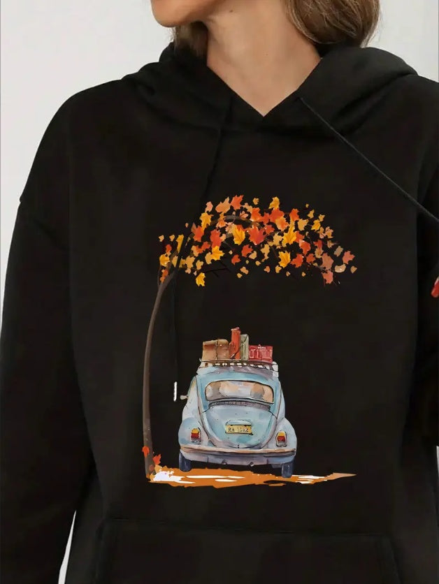 Women'S Plus Size Casual Hoodie With Car Graphic Print, Hooded Pullover Sweatshirt For Fall Winter
