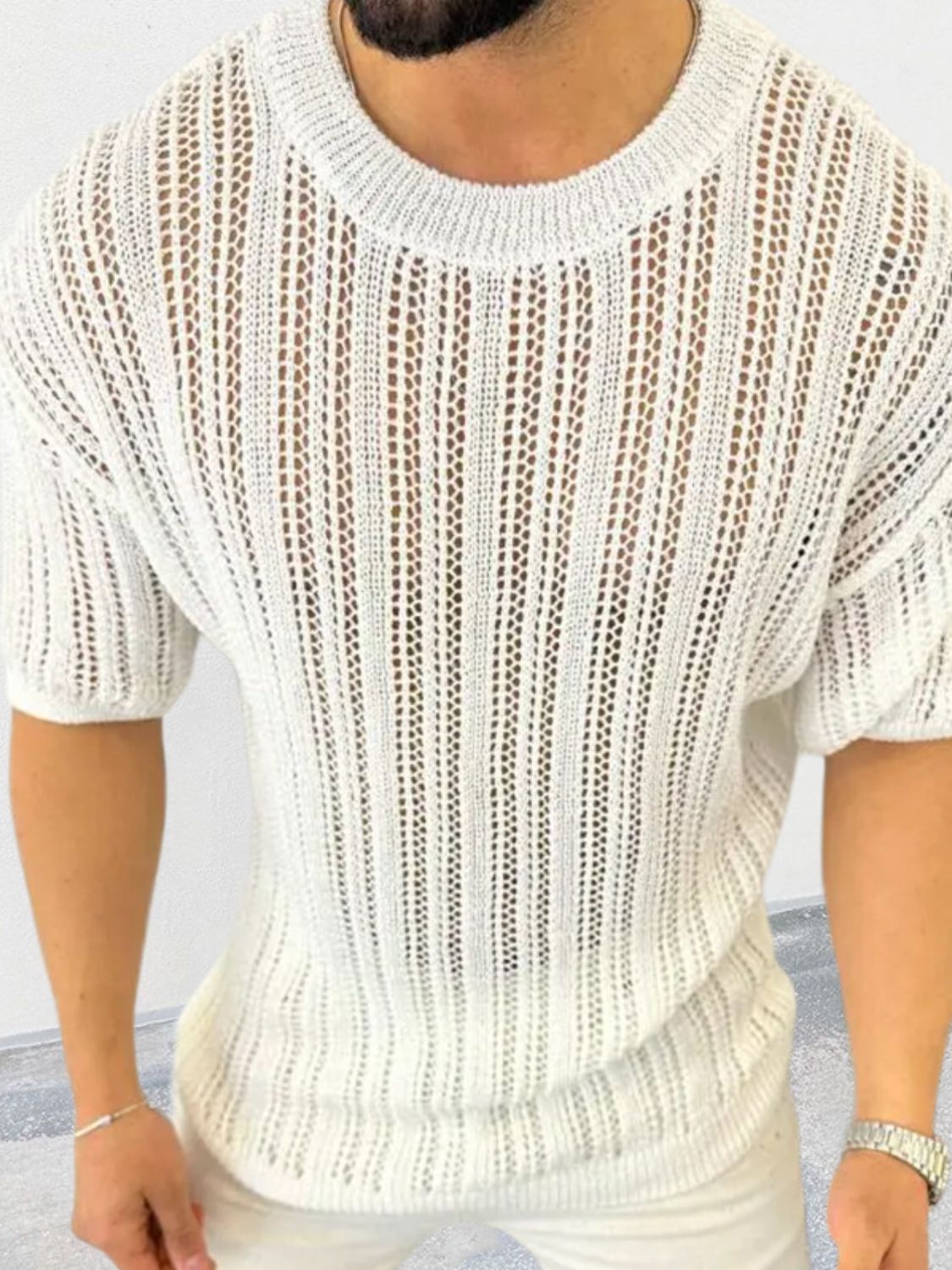 Men's Openwork Round Neck Knit T-Shirt