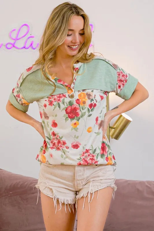BiBi Floral Button Detail Round Neck Short Sleeve Terry T-Shirt