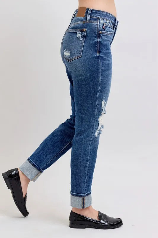 Judy Blue Full Size Mid Rise Boyfriend destroy Jeans with Yoke Pockets and Faux Selvedge Cuff Plus Size