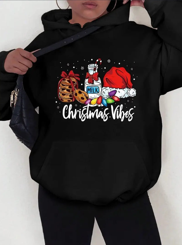Christmas Vibes Graphic Print Hoodie - Casual  Hooded Sweatshirt With Drawstring And Front Pocket For Women
