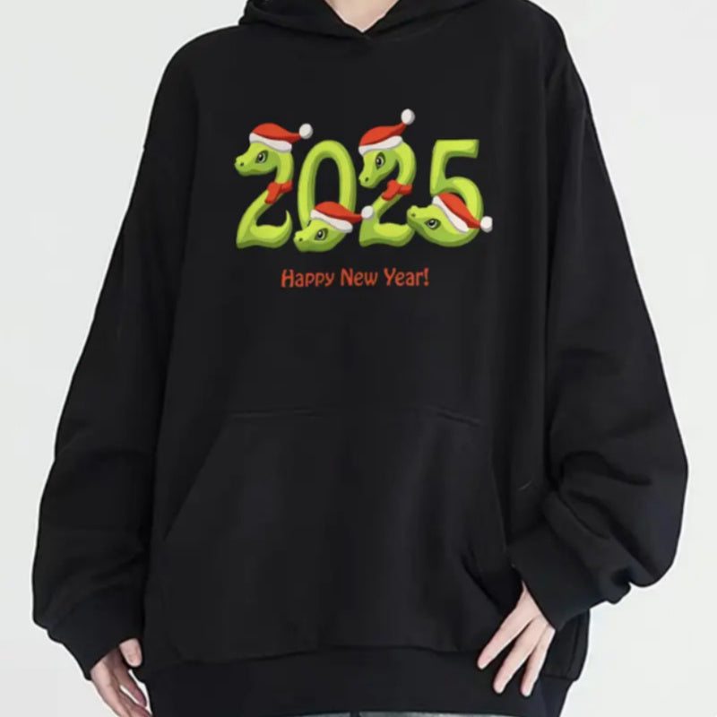 Women's Fashion Christmas 2025 Snake Print Hoodie - Casual Pullover With Pockets, Long Sleeve & Round Neck, Perfect For Fall & Winter
