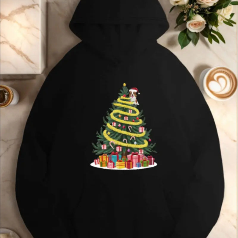 Plus Size Christmas Tree Active Hoodie For Women,  Casual Style, Geometric Pattern,With Pocket Detail, For Fall Winter Season Hooded Sweatshirt