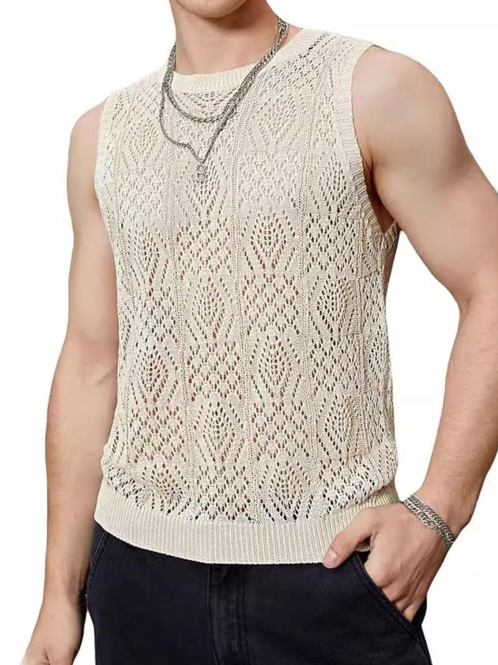 Men's Openwork Round Neck Tank