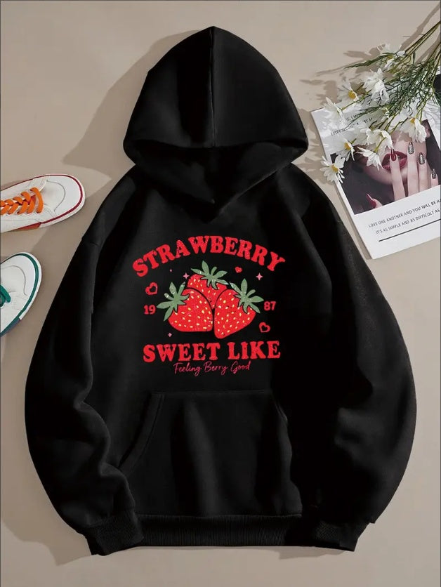 Women's  Hoodie With Strawberry Print And Applique - Casual Long Sleeve Hooded Sweatshirt With Kangaroo Pocket For Spring Fall -  Hoodie With Hooded Collar - Fruit &
