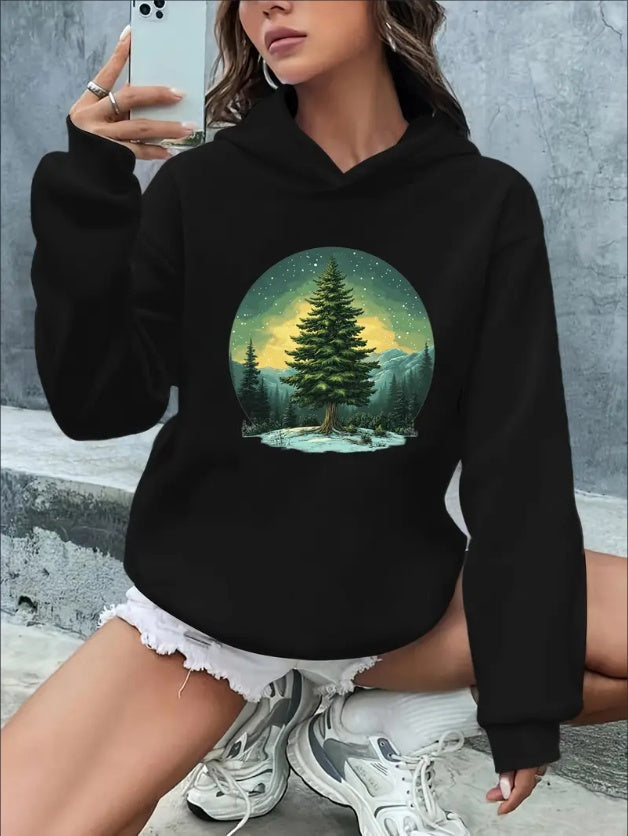 Ladies' Autumn And Winter Ribbed Casual Knitted Printed Hooded Sweatshirt