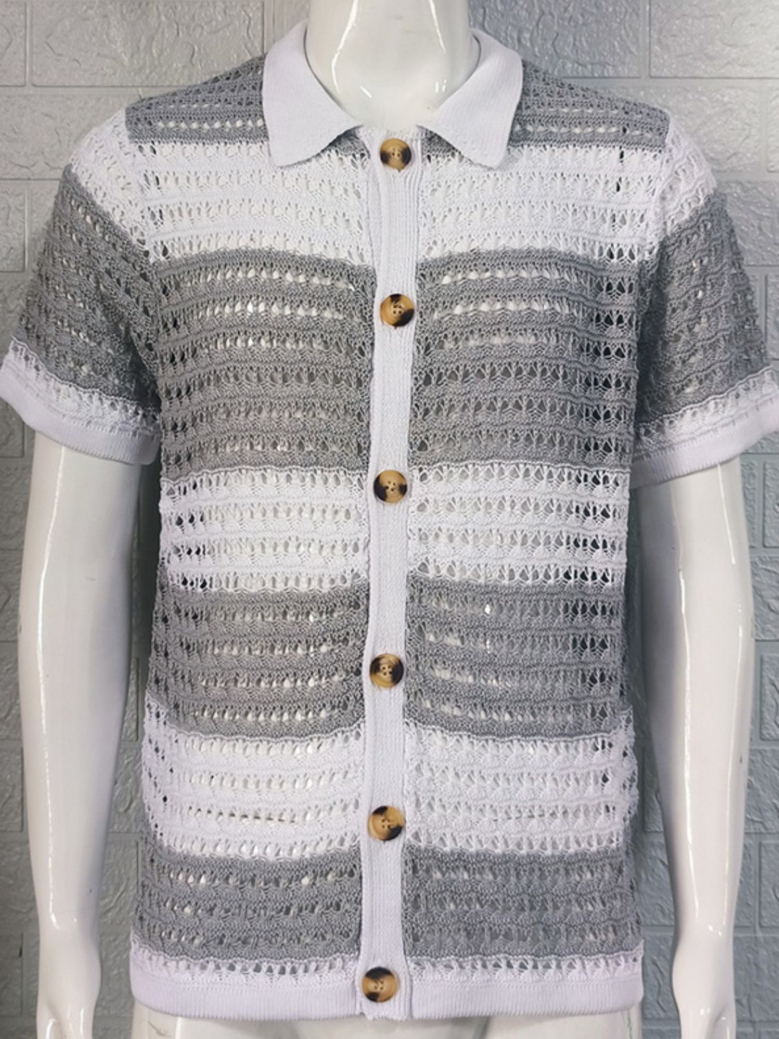Men's Button Down Collared Neck Contrast Openwork Shirt