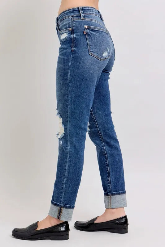 Judy Blue Full Size Mid Rise Boyfriend destroy Jeans with Yoke Pockets and Faux Selvedge Cuff Plus Size