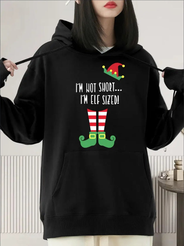 I'm Not Short I'm ELF SIZED Xmas Printed Hoodie - Relaxed Fit, Classic Crew Neckline - Perfect For Fall And Winter Season, Ideal For Casual Outings And Daily Wear, Trendy And Fashionable Appare